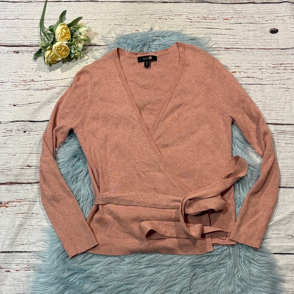 L'urv Revolve Dusty Pink Ribbed Ballet Wrap Cropped Sweater